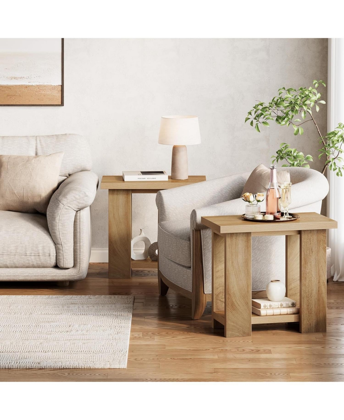 Tribesigns 2-Tier Side Table, Farmhouse End Table with Storage Shelves, Small Nightstand Wooden Beside Table Bed Side Table