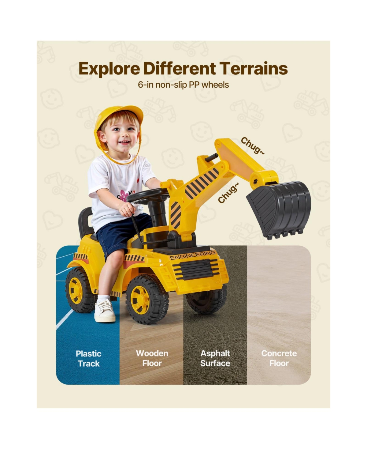 Slickblue Ride On Toddler Car, Push Car for Toddler 19 to 36 Months, Excavator Digger Toy with Helmet & Music