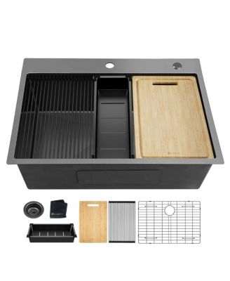 Gunmetal Kitchen Sink Topmount Workstation Stainless Steel Single Bowl