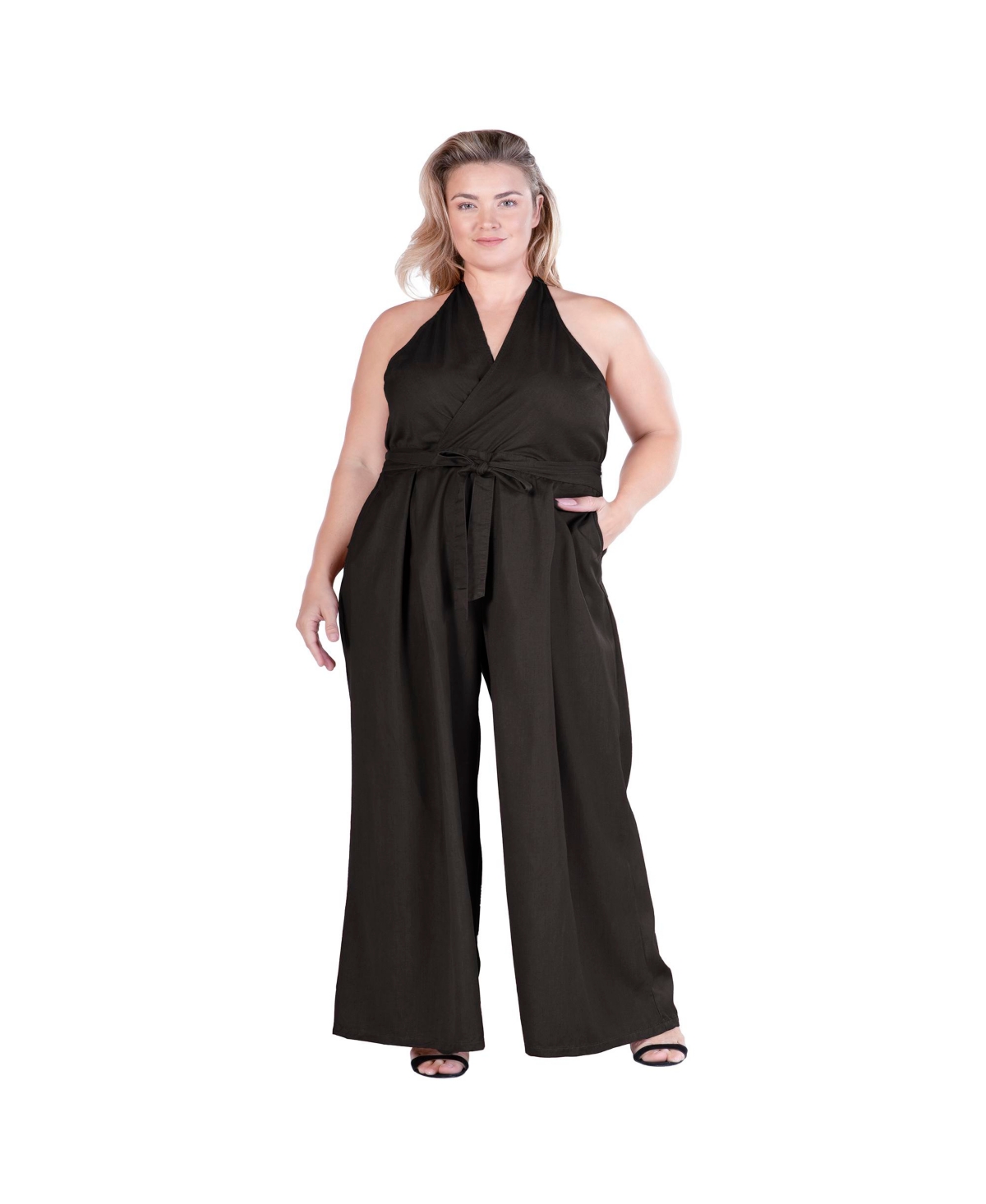 Standards & Practices Women's Halter Smoked Waist Poplin Wide Leg Jumpsuit