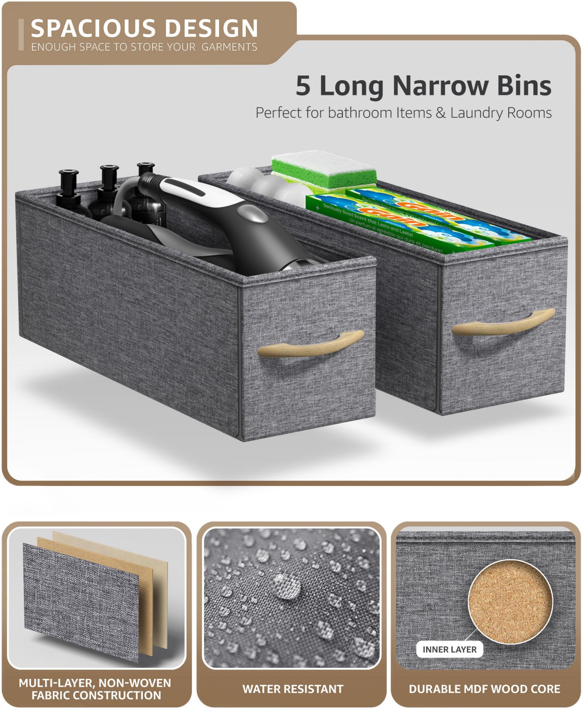 Sorbus Narrow Dresser with 5 Drawers - Steel Frame, Wood Top & Easy Pull Fabric Bins