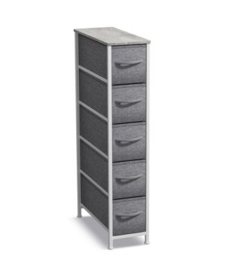 Narrow Dresser with 5 Drawers - Steel Frame, Wood Top & Easy Pull Fabric Bins