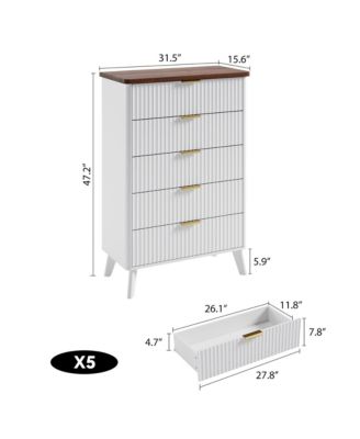 Fluted Dresser for Bedroom, 5 Deep Drawer Modern Wood Storage Chest, White