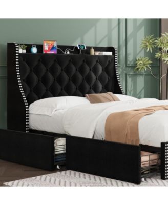 Wingback Headboard 4-Drawer Velvet Upholstered Platform Bed Frame with Charging Station