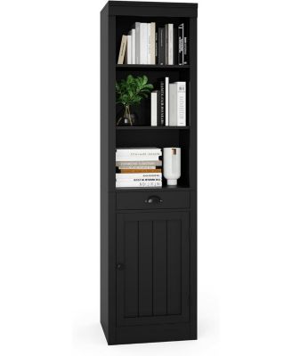 71" Tall Bookcase with Door & Drawer, 5-Tier Narrow Bookshelf with Adjustable Shelf for Home Office, Black
