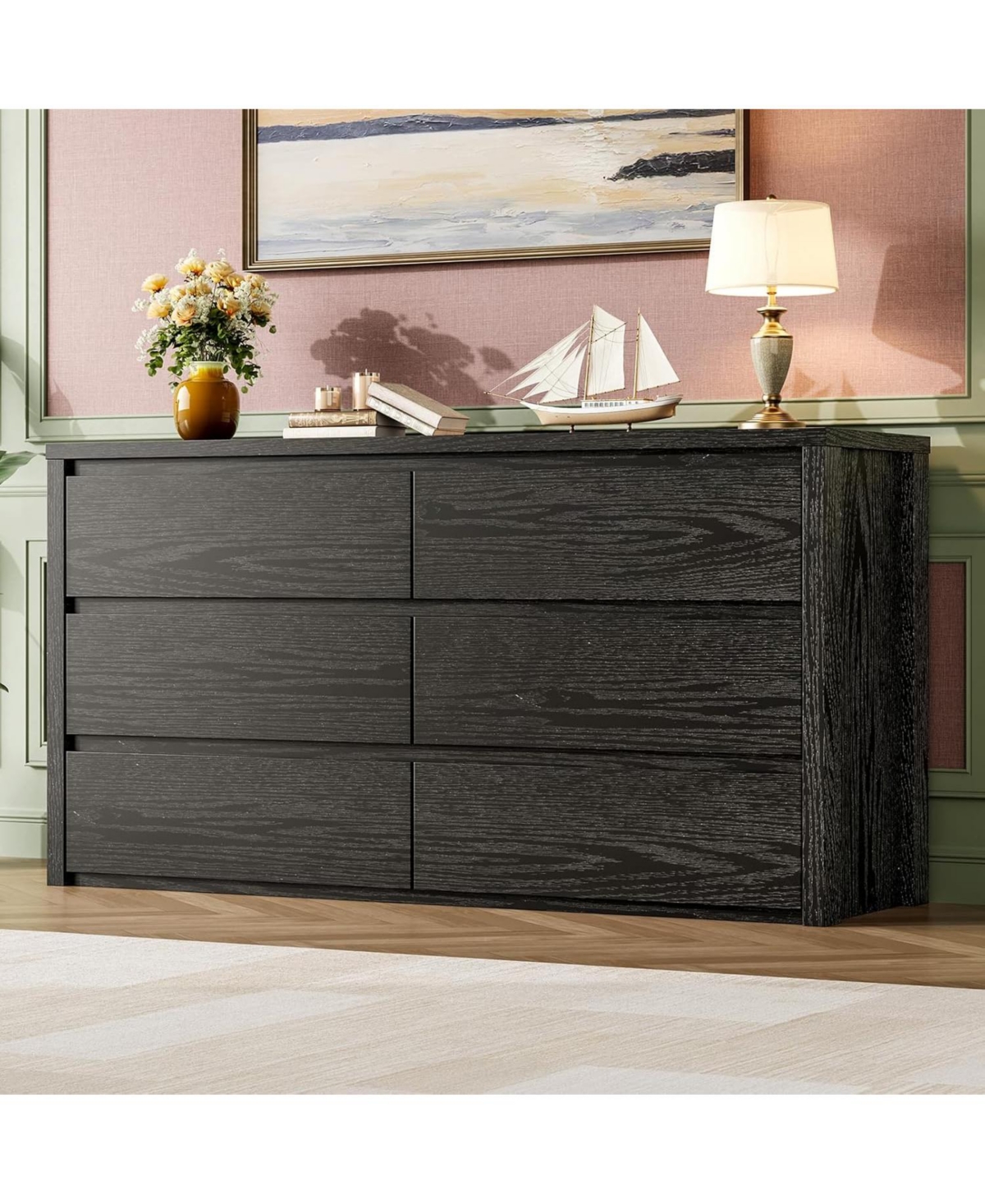 gaomon 6-Drawer Dresser for Bedroom, Wide Handle-Free Wooden Storage Cabinet for Entryway & Living Room, Black