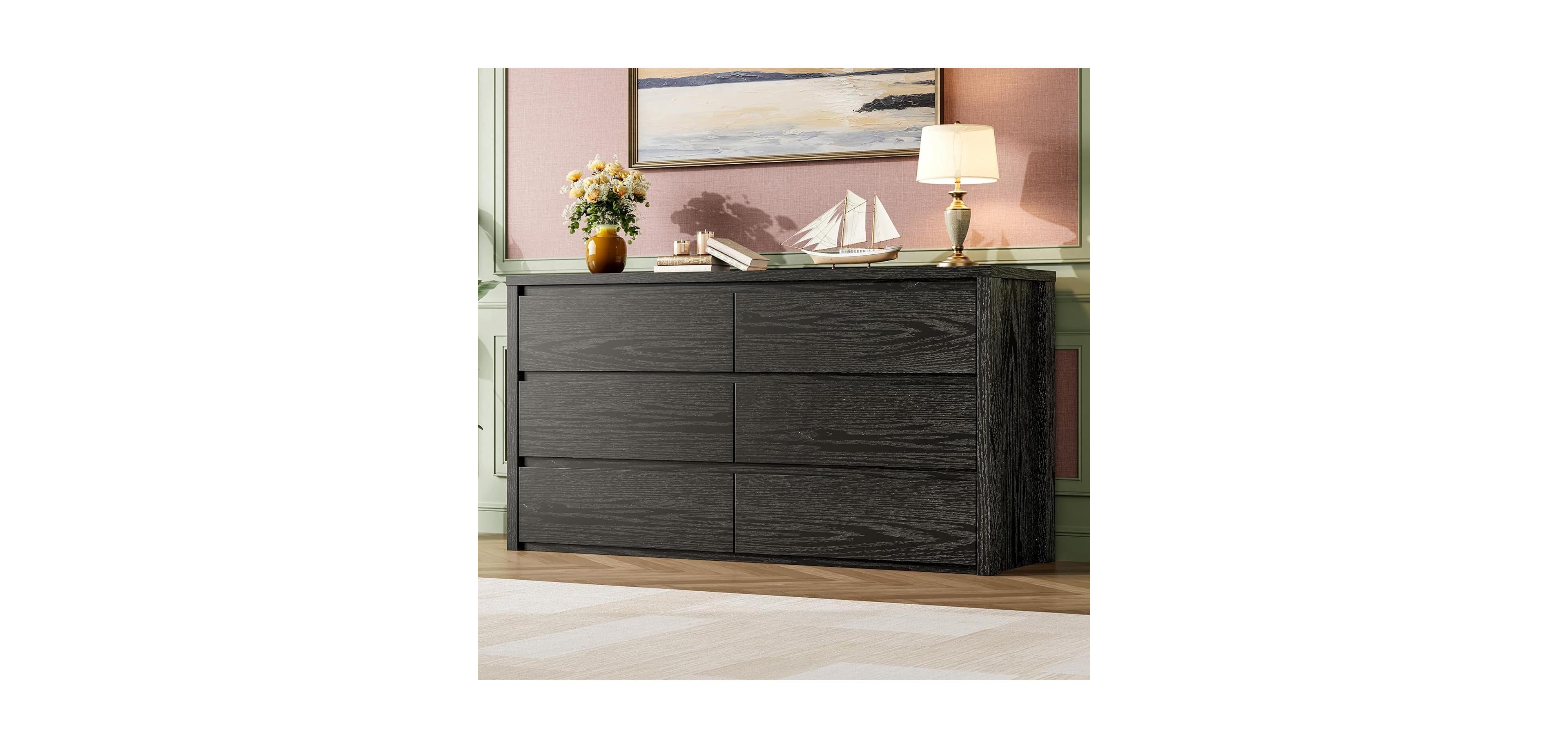 gaomon 6-Drawer Dresser for Bedroom, Wide Handle-Free Wooden Storage Cabinet for Entryway & Living Room, Black