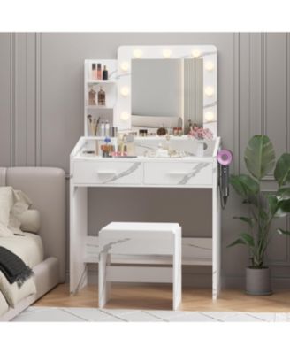 Vanity Desk with Mirror and Lights, Makeup Vanity with Power Outlet, White