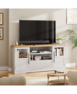 72" Farmhouse TV Stand, Entertainment Center with Wave Pattern, Glass Door Cabinets and Open Storage, White