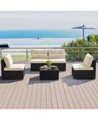 5 Pieces Outdoor Furniture Set with Seat & Back Cushions Tempered Glass Tabletop
