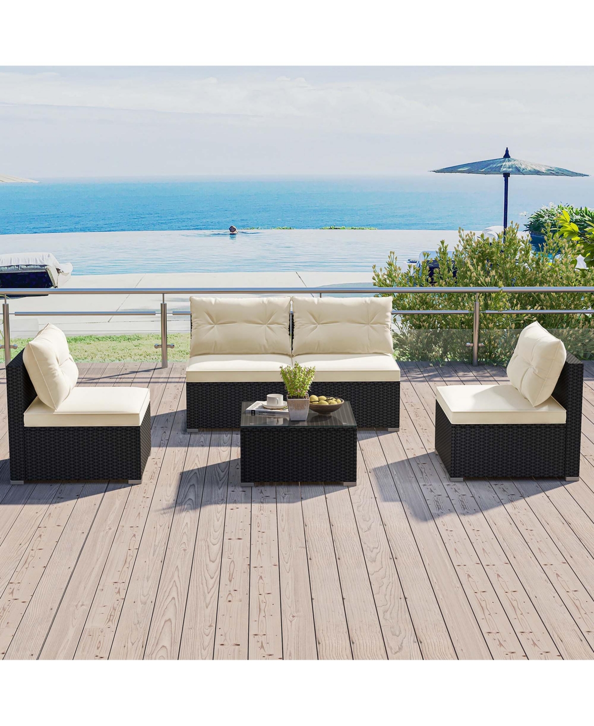 Costway 5 Pieces Outdoor Furniture Set with Seat & Back Cushions Tempered Glass Tabletop