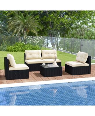 5 Pieces Outdoor Furniture Set with Seat & Back Cushions Tempered Glass Tabletop