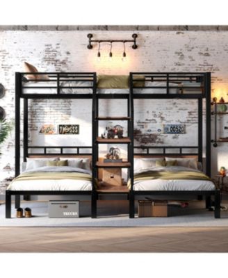 Triple Metal Bunk Bed with Shelves & Stairs