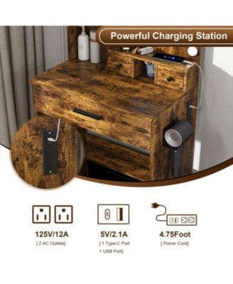 Streamdale Vanity Table with LED Lights, Outlet, Stool - Compact Dressing Desk (Vintage