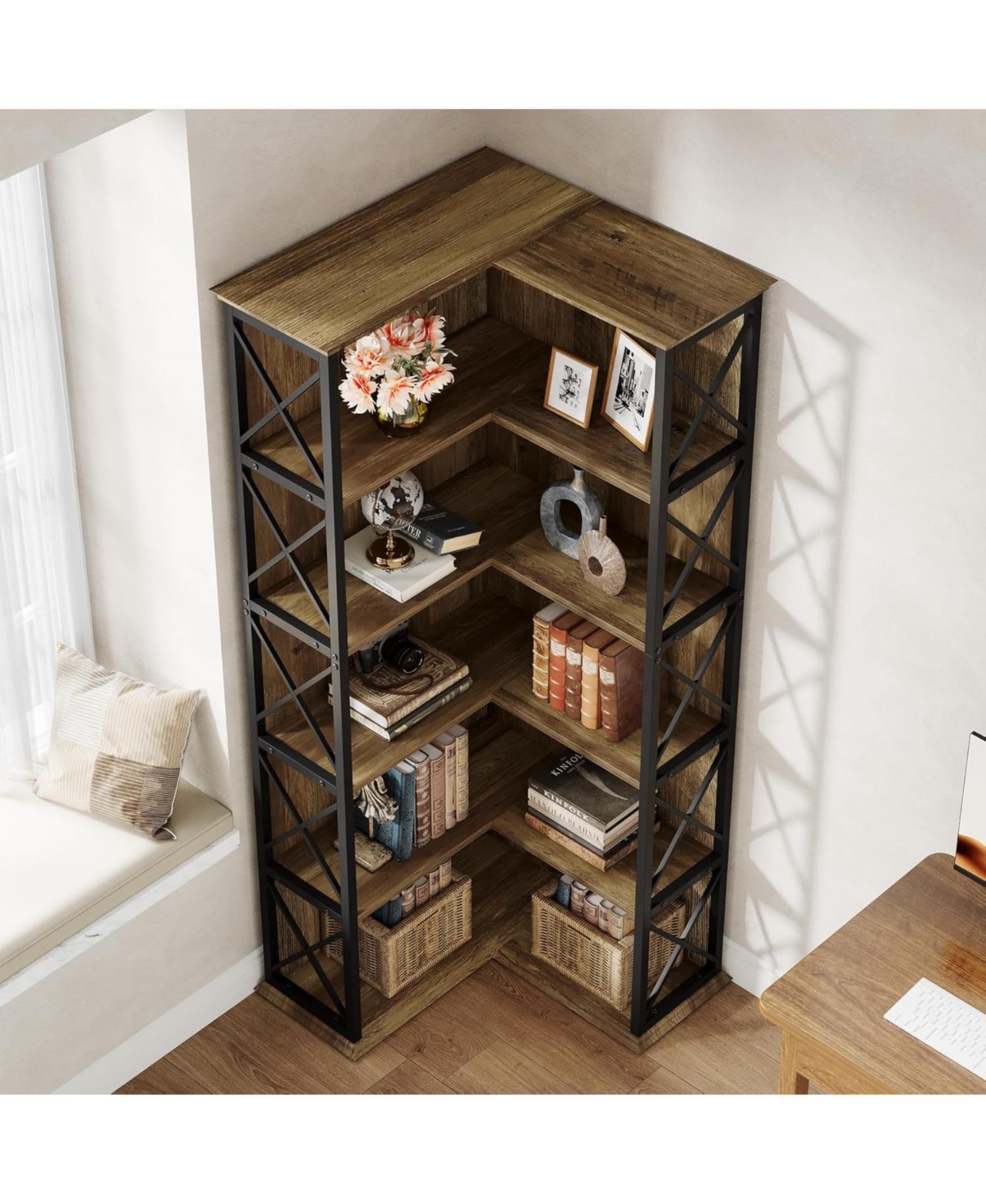 Tribesigns 71 Inch Tall Corner Pantry, 5-Tier Industrial Corner Storage Shelf, Wood and Metal L-Shaped Kitchen Cabinet