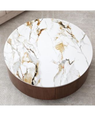 Round Wood Coffee Table with Faux Marble Tabletop