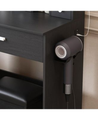 Vanity Table with LED Lights, Power, Hairdryer Holder & Stool - Black