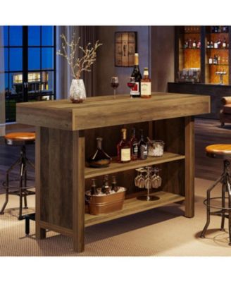 57.48-Inch Kitchen Cabinet & Bar Table, Industrial Counter Height Pub Table with 2-Tier Storage