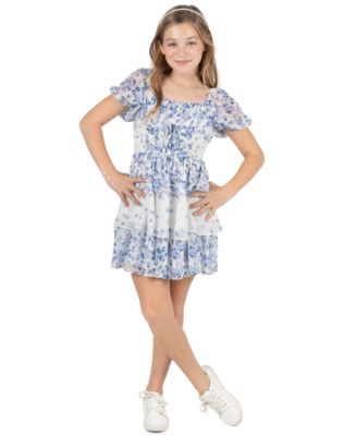 Girls' 7-16 Mixed Print Ruched Puff-Sleeve Dress