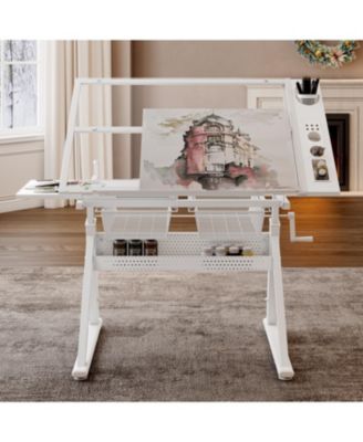 Adjustable Tempered Glass Drafting Table with Chair & Storage