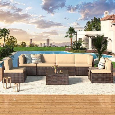 7 Piece Patio Wicker Set Outdoor Rattan Sectional Sofa with Cushions and Table