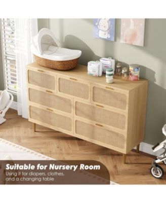 Rattan 7 Drawer Dresser for Bedroom, Tall Chest of Drawers with Deep Storage and Wide Top, Beige