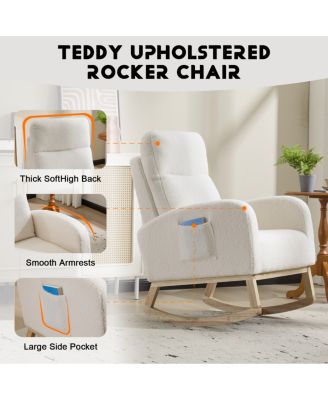 Modern Accent Rocking Chair with Solid Wood Legs and Side Pocket (White, teddy