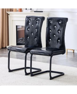  Set of 4 Retro Alligator Upholstered Dining Chairs with Crystal Buckle, Black Legs