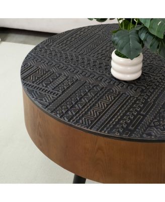 31.5" Round Carved Coffee Table with Storage - Mid-Century Modern (Brown/Black