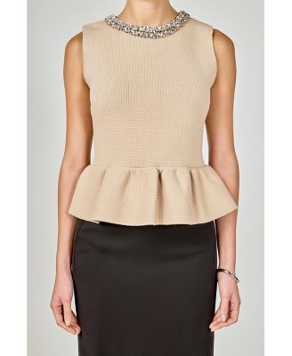 Women's Jewel Trim Neck Peplum Knit Top