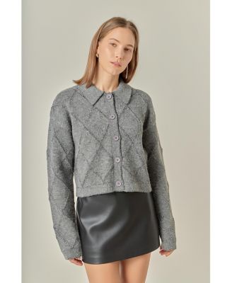 Women's Knit Cardigan Featuring a Lurex Argyle Pattern.