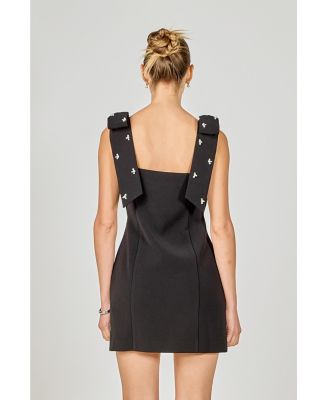 Women's Mini Dress With Rhinestone & Pearl Embellised Bow