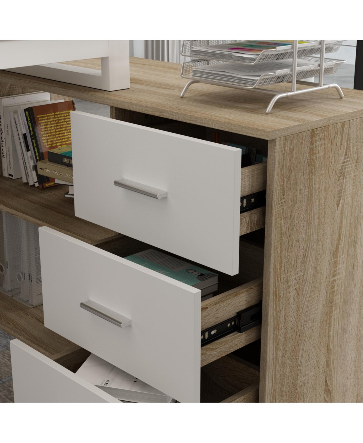 Famapy 55.1 in. L-Shaped Brown Wood Computer Desk Writing Office Executive W/Removable Tabletop, Shelves, 3-Drawers