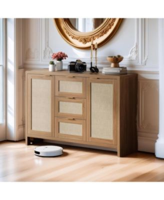 47" Rattan Buffet Sideboard Cabinet, Boho Credenza with Drawers and Doors for Living Room, Brown