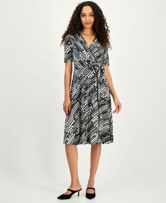 Women's Printed Faux-Wrap Midi Dress