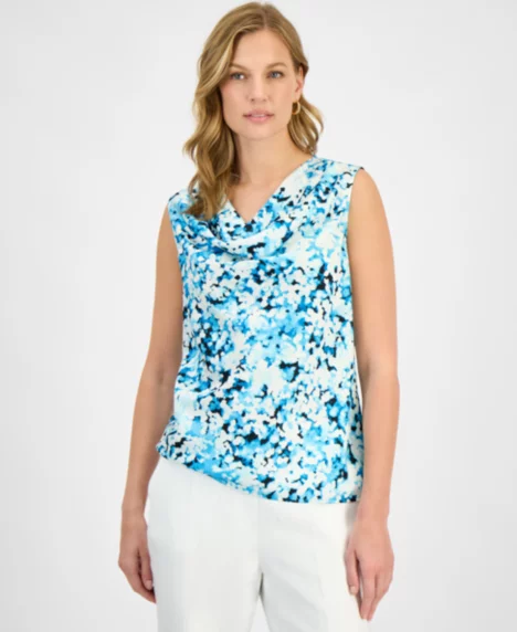 Women's Cowlneck Sleeveless Top, Regular & Petite - Aqua Oasis Multi