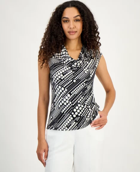 Women's Printed Cowlneck Top, Regular & Petite - Black/Lily White
