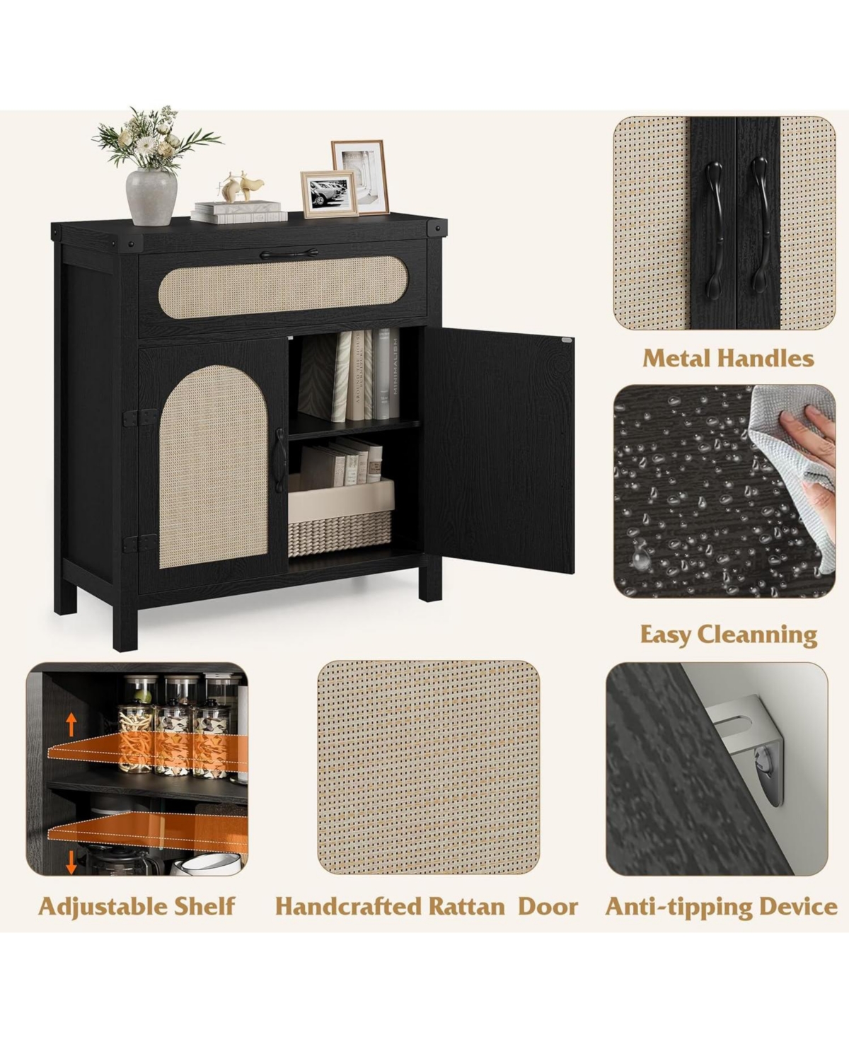 gaomon Rattan Sideboard Buffet Cabinet with Drawer, Farmhouse Boho Coffee Bar Storage Console, Black