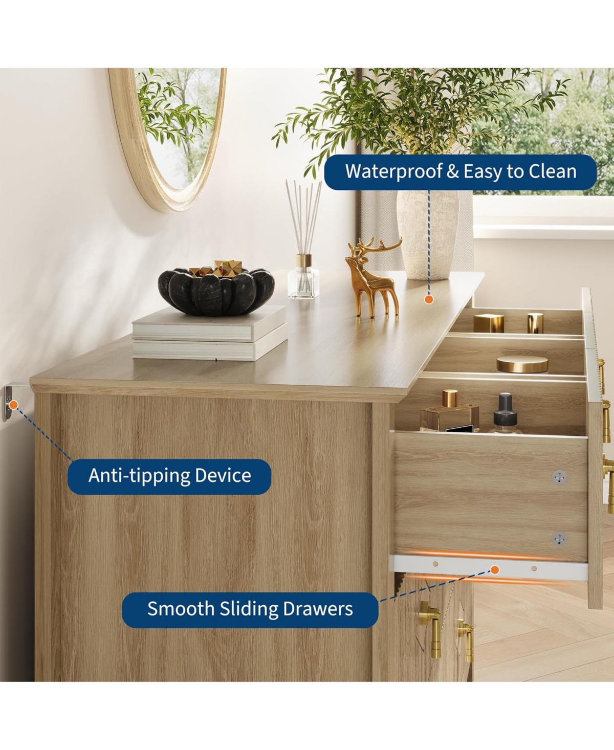 gaomon Wide Fluted Dresser, 7 Drawer Modern Wood Storage Chest for Bedroom, Living Room or Entryway