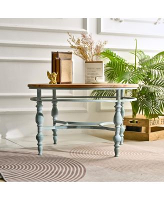 Rustic Wooden Carved Coffee Table with Metal Legs