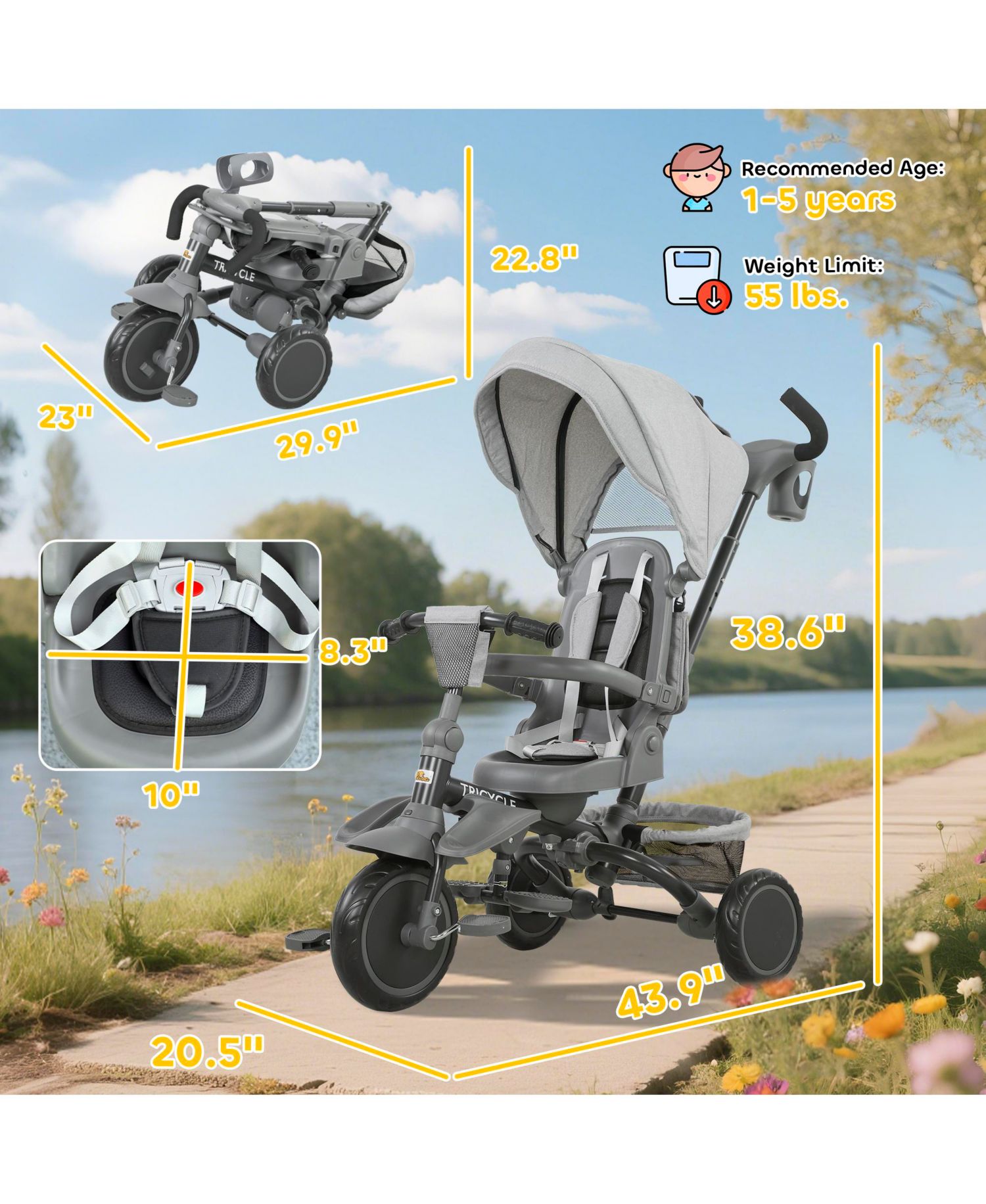 6 in 1 Kids Tricycle with Adjustable Push Handle for 1-5 Years