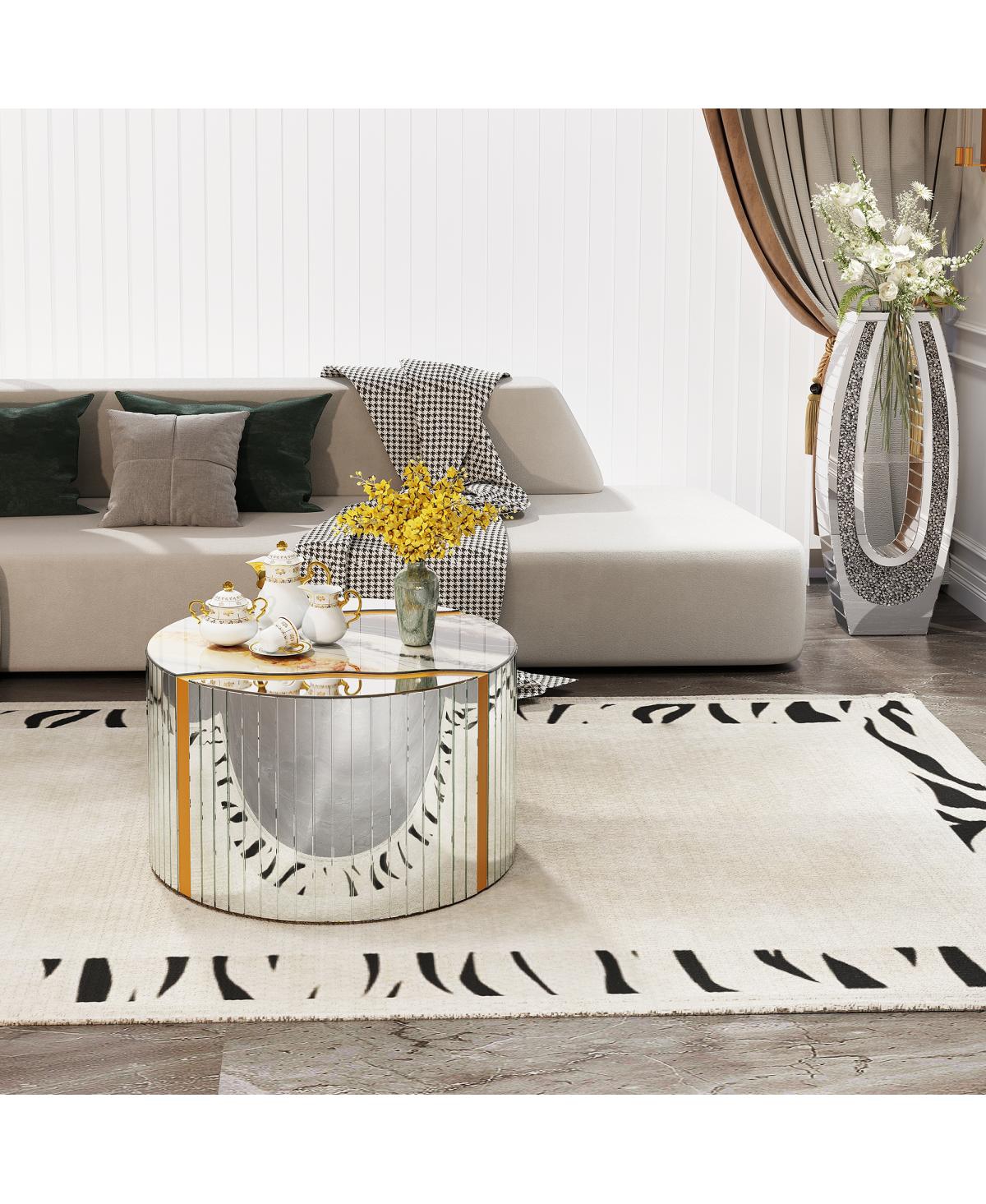 Streamdale Furniture Marble Round Coffee Table with Silver Mirror & Gold Dust Finish