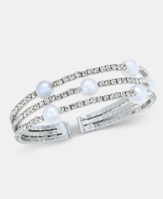 Crystal & Imitation Pearl Triple Row Cuff Bracelet