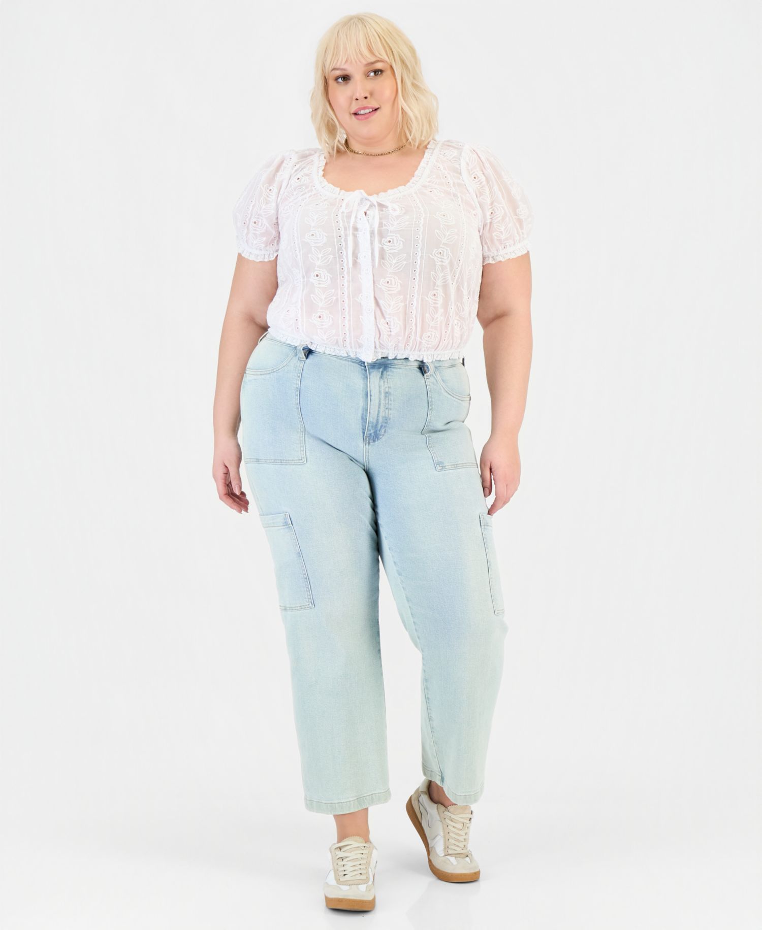 Plus Size Cotton Embroidered Cropped Blouse