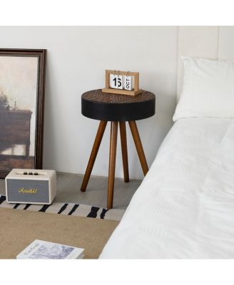 Round Coffee Table with Carved Top, Small Accent Nightstand