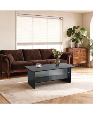 Rectangular Modern Minimalist Coffee Table with Sliding Glass Door Storage
