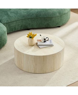Faux travertine Round Coffee Table with Eye-Catching Relief Design, Travertine