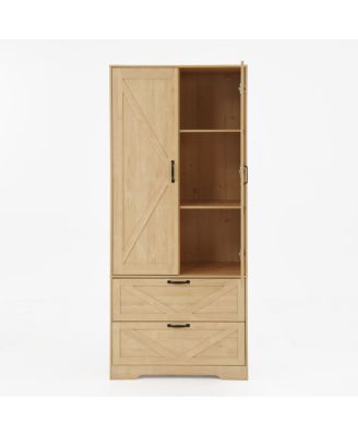2-Door Wood Wardrobe with Hanging Rod, 2 Drawers, Mirror & Light