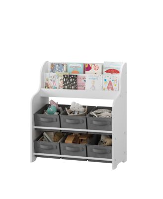 Kids Bookshelf with 6 Fabric Bins, Multi-Functional Bookcase & Toy Organizer - White/Gray