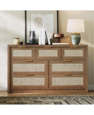 Rattan 7-Drawer Dresser for Bedroom, Wide Wooden Storage Chest, Brown